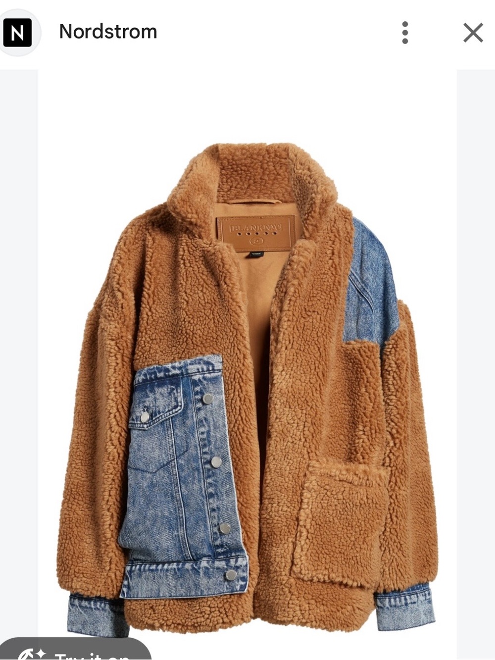 Blank NYC Women's Tan Sherpa teddy bear Jacket with Denim Patch Details